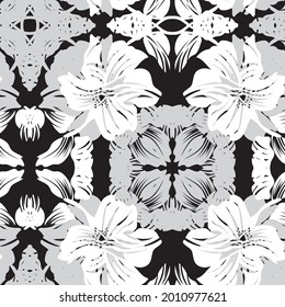 Black and White Symmetric Floral seamless pattern design for fashion textiles and graphics