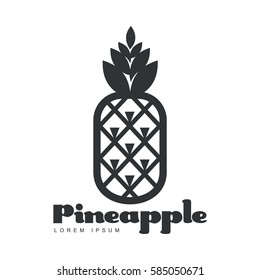 Black and white symmetric graphic pineapple logo template, vector illustration isolated on white background. Stylized line art graphic pineapple logotype, logo design
