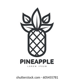 Black and white symmetric graphic pineapple logo template, vector illustration isolated on white background. Stylized line art graphic pineapple logotype, logo design