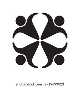 Diseño simétrico en blanco y negro con seis figuras humanas dispuestas en un patrón circular. Cada figura se representa con los brazos levantados, creando una composición equilibrada y armoniosa.