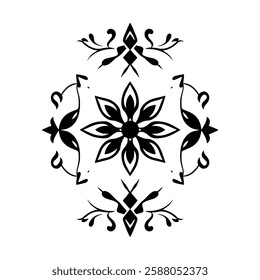 Black and White Symmetrical Floral Mandala Pattern Design. Elegant Ornamental Artwork, Decorative Vintage Style Geometric Motifs, Classic Abstract Art Illustration. 