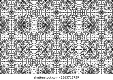 Black and white symmetrical geometric motif with artistic patterns in a classic style. This design features intricate details with floral elements and regular circular shapes, perfect for backgrounds.