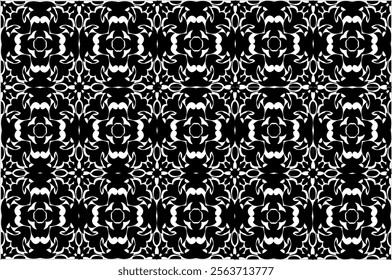 Black and white symmetrical geometric motif with artistic patterns in a classic style. This design features intricate details with floral elements and regular circular shapes, perfect for backgrounds.