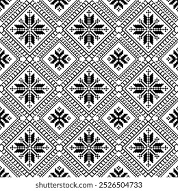 black and white symmetrical geometric pattern, featuring repeating diamond shapes with intricate star-like motifs The design appears pixelated and has a traditional or folk-art aesthetic. Pixel art.