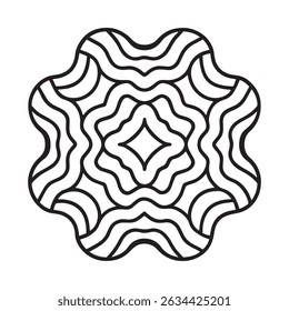 Zwart-wit symmetrische mandala met abstracte lijnen en geometrische optische illusie in minimale monochrome stijl