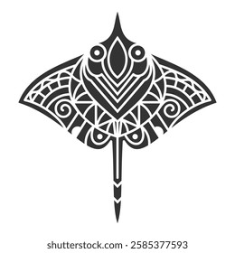 Black and white symmetrical manta ray illustration with detailed tribal patterns, bold geometric shapes, and abstract ornamental elements. Intricate Tribal Manta Ray Geometric Design