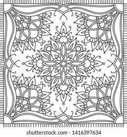 black and white symmetrical pattern. square arabesque. textile design with floral elements