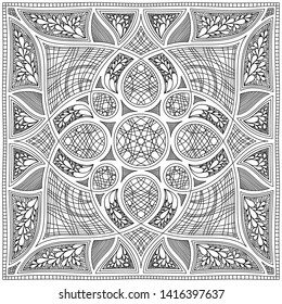 black and white symmetrical pattern. square arabesque. textile design