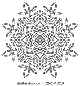 black and white symmetrical round pattern. geometric floral mandala