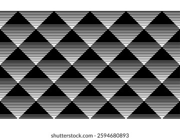 Black and white symmetrical vector pattern of striped squares. Design element for covers, prints, packaging and graphic projects. Vector background.