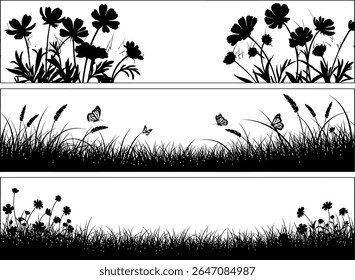 Uma sinfonia em preto e branco da beleza da natureza, mostrando flores, grama e borboletas em uma composição minimalista, capturando a essência de tranquilidade e simplicidade no mundo natural.