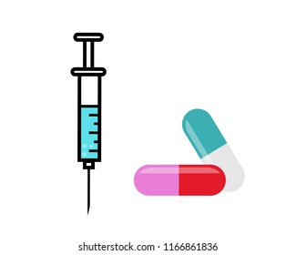 black and white syringe and medicinal capsules simple vector logo and icon flat style isolated on white background. vector illustration EPS10