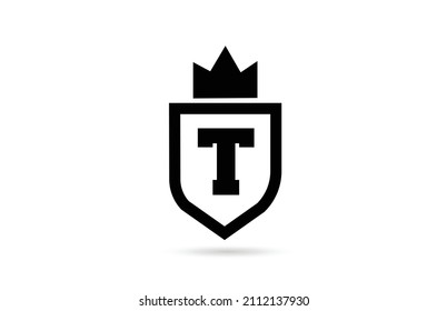 black and white T alphabet letter logo icon with shield and king crown design. Creative template for business and company
