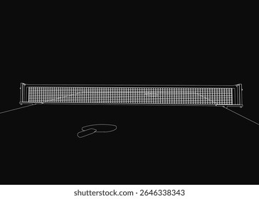 A black and white table tennis net with a ball resting on top, set against a sleek black background. The illustration features clean lines, high contrast, and a minimalist aesthetic.