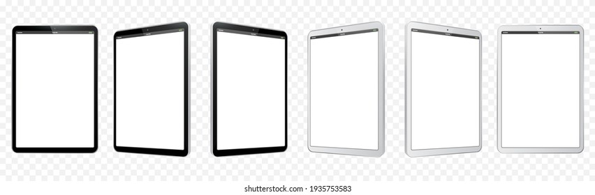 Black and White Tablet Computer Vector Illustration Mockup. Perspective view of Tablet PC With blank screen and transparent background. 