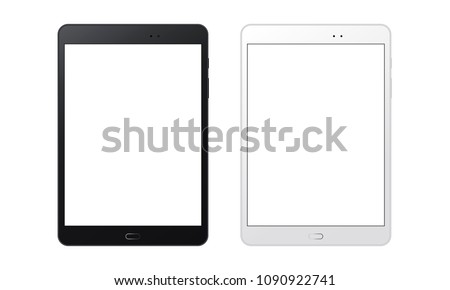 Black and white tablet computers mockups with blank screens. Responsive screens to display your mobile web site design. Vector illustration