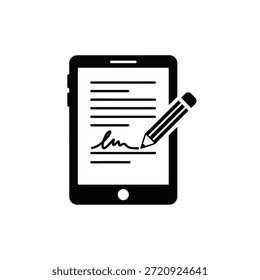 Tablet preto-e-branco com assinatura de documento e lápis