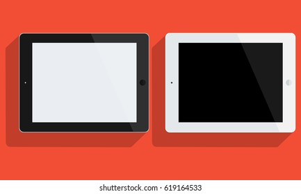 Black and white tablets iPad flat on red background. Mockup for showcase your design app screenshots. Vector illustration