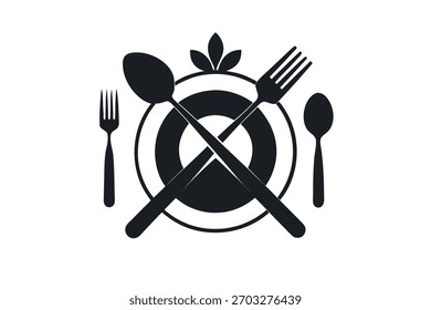 Ilustración vectorial de vajilla en blanco y negro con tenedor cuchara cuchillo y plato