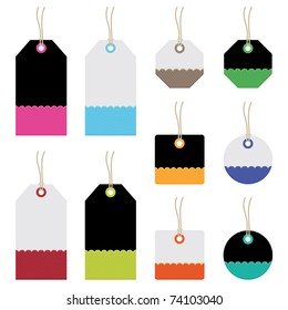 black and white tags with bright elements, isolated on white