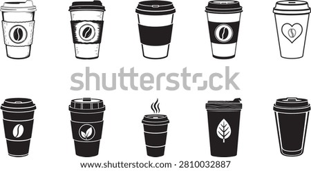 Black and White Takeaway Coffee Cup Silhouette Vector Set Featuring Disposable Coffee Cups with Travel Lids and Coffee Bean Icons