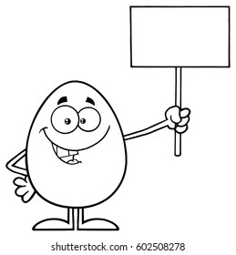 Black And White Talking Egg Cartoon Mascot Character Holding A Blank Sign. Vector Illustration Isolated On White Background