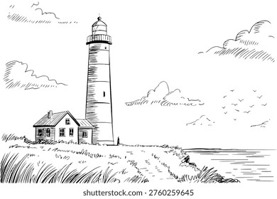 Black and white of a tall lighthouse with a small house nearby on a grassy coast