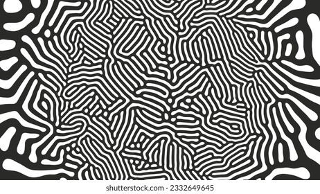 Black White Tangled Lines Psychedelic Art Vector Texture Abstract Background. Crazy Structure Bizarre Wild Abstraction Panoramic Wallpaper. Weird Mushroom Hallucination Effect Trippy Art Illustration