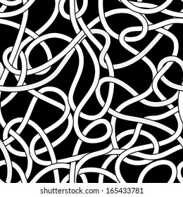 Black and white tangled messy wires or threads seamless pattern, vector