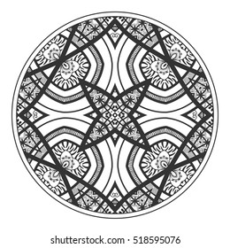 Black and white tangled round mandala, circle tracery pattern. Tribal ethnic ornament. for anti-stress therapy, adult coloring book, decorate plate, porcelain, ceramics, crockery. Geometric background