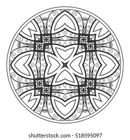 Black and white tangled round mandala, circle tracery pattern. Tribal ethnic ornament. for anti-stress therapy, adult coloring book, decorate plate, porcelain, ceramics, crockery. Geometric background