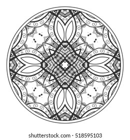Black and white tangled round mandala, circle tracery pattern. Tribal ethnic ornament. for anti-stress therapy, adult coloring book, decorate plate, porcelain, ceramics, crockery. Geometric background