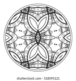 Black and white tangled round mandala, circle tracery pattern. Tribal ethnic ornament. for anti-stress therapy, adult coloring book, decorate plate, porcelain, ceramics, crockery. Geometric background