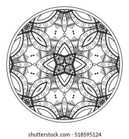 Black and white tangled round mandala, circle tracery pattern. Tribal ethnic ornament. for anti-stress therapy, adult coloring book, decorate plate, porcelain, ceramics, crockery. Geometric background