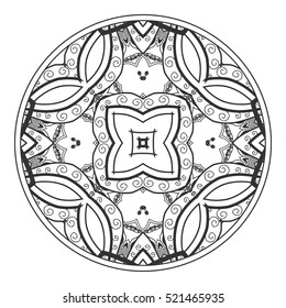 Black and white tangled round mandala. Tribal ethnic boho indian pattern. Image for anti-stress therapy, adult coloring book page, decorate plate, porcelain, ceramics, crockery. Geometric background
