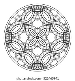 Black and white tangled round mandala. Tribal ethnic boho indian pattern. Image for anti-stress therapy, adult coloring book page, decorate plate, porcelain, ceramics, crockery. Geometric background