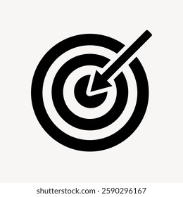 Black and white target icon with an arrow hitting the center. Simple target design, emphasizing precision and accuracy. Target and arrow illustration. Isolated vector element.