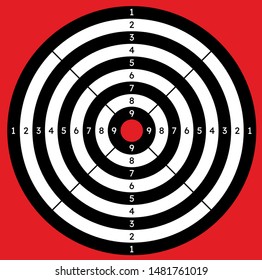 Black and white target icon with red bull's-eye and numbers from 1 to 9 on red background. Isolated vector illustration. Achieving goals, accomplishing things, winning concept.