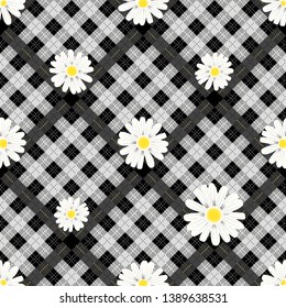 Black and white tartan plaid and daisy flowers pattern on checkered background for textile