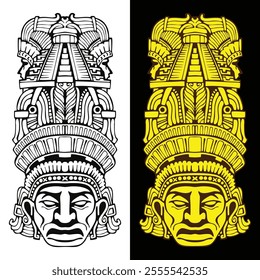 Black and white tattoo design of an ancient Aztec figure, crowned with intricate temple-like patterns, symbolizing power, heritage, and divine connection.