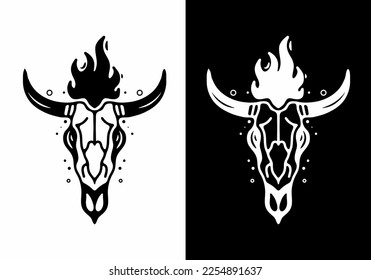 Black and white tattoo design of a bull skull with fire flame