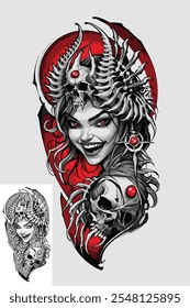 A black and white tattoo design of a creepy woman wearing a skull crown with sharp horns, with bright red accents and a fierce expression.