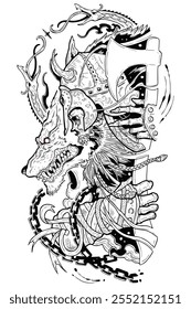 Black and white tattoo design of Fenrir and Nordic undead holding axe ready to war. Fenrir Tattoo, Norse Mythology, Wolf of Ragnarok