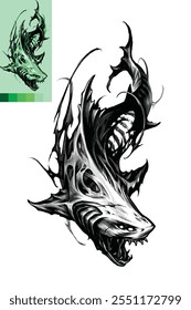 schwarz-weißes Tattoo-Design eines wilden Zombie-Hais, das Raubtier, das das Meer regiert. Shark Tattoo Art, Einzigartiges Tattoo Design, Body Artwork, Sea Predator, Macht der Natur, Hai Zombie