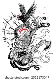 A black and white tattoo design of a fierce Viking warrior, accompanied by a raven and surrounded by Norse runes.