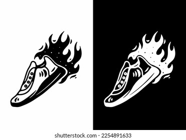 Black and white tattoo design of a shoes and fire flame