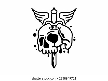 Black and white tattoo design of skull, dagger and wings