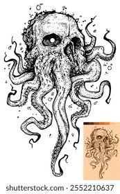 black and white tattoo design A skull with octopus tentacles emerging from its mouth, creating a monstrous and otherworldly image. Kraken, Cthulhu, Abyss, Tentacle, Skullhead