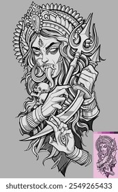 tatuaje en blanco y negro con Kali, la diosa hindú de la destrucción y el tiempo. Su expresión feroz y su poderosa pose transmiten su inmenso poder y ferocidad. Kali Ma, Mitología hindú