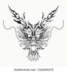 black and white tattoo hand drawn dragon head art illustration for element japanase style